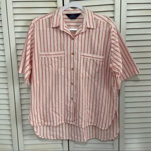 Woolrich Button Up Short Sleeve Collared Blouse Size 10 Striped Red White